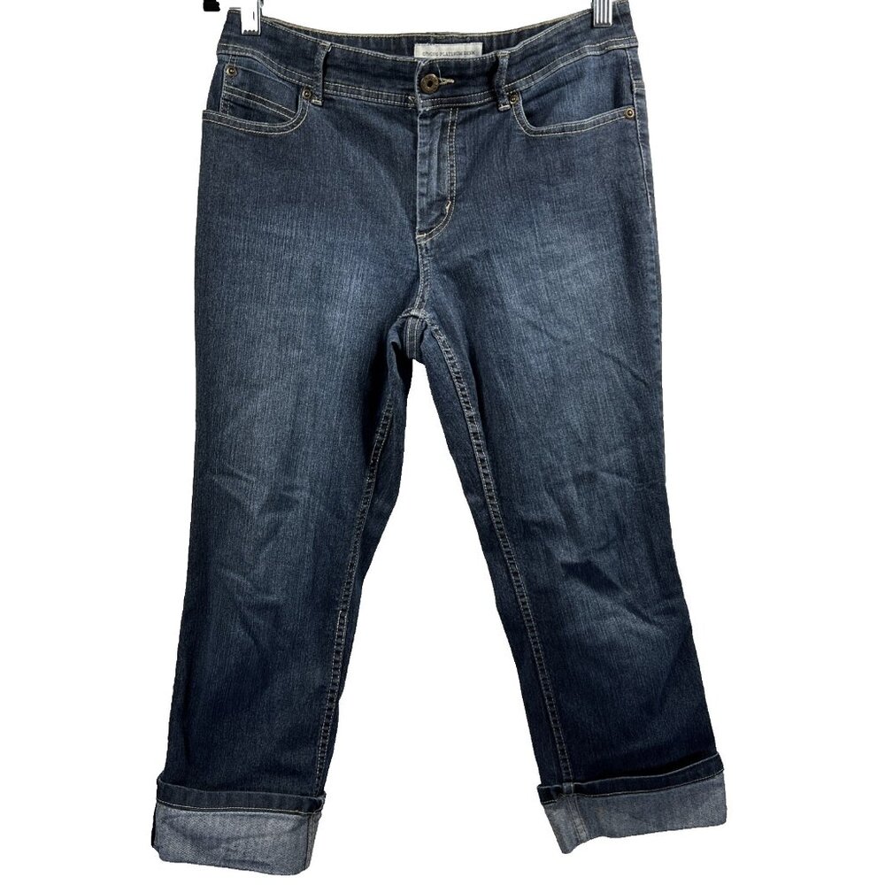 Chicos‎ Women's Platinum Denim Jeans Capri Cuffed Size 8 Blue Stretch Zipper